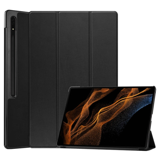 For Samsung Galaxy Tab S10 Ultra / S9 Ultra Custer Pure Color 3-Fold Holder Smart Leather Tablet Case(Black)