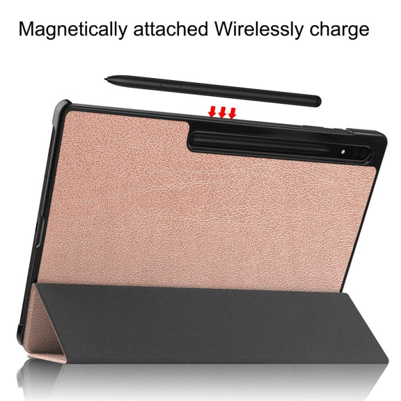 For Samsung Galaxy Tab S10 Ultra / S9 Ultra Custer Pure Color 3-Fold Holder Smart Leather Tablet Case(Rose Gold)