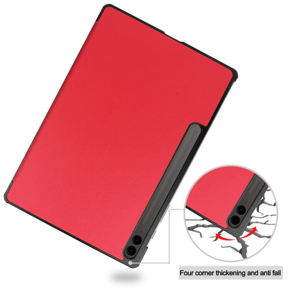 For Samsung Galaxy Tab S9 FE+ / S10+ Custer Pure Color 3-Fold Holder Smart Leather Tablet Case(Red)