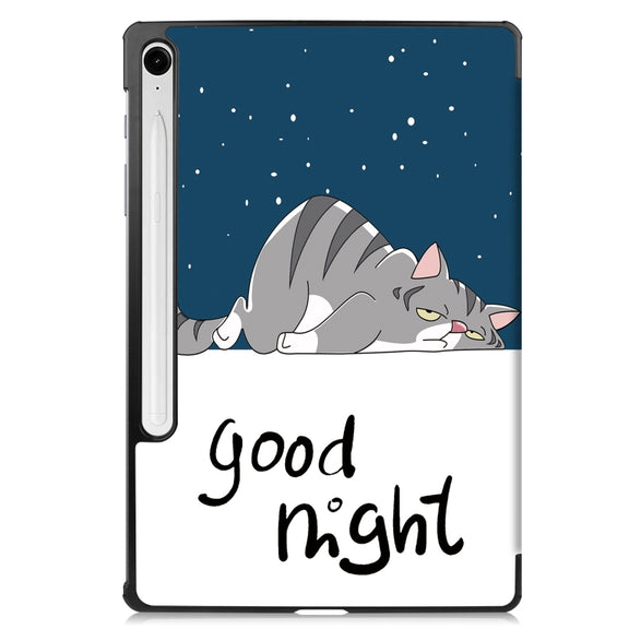 For Samsung Galaxy Tab S9 FE Custer Painted 3-Fold Holder Smart Leather Tablet Case(Lazy Cat)