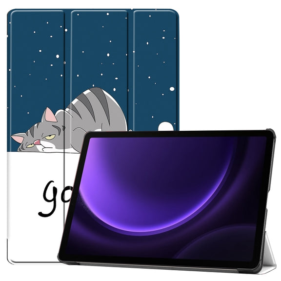 For Samsung Galaxy Tab S9 FE Custer Painted 3-Fold Holder Smart Leather Tablet Case(Lazy Cat)