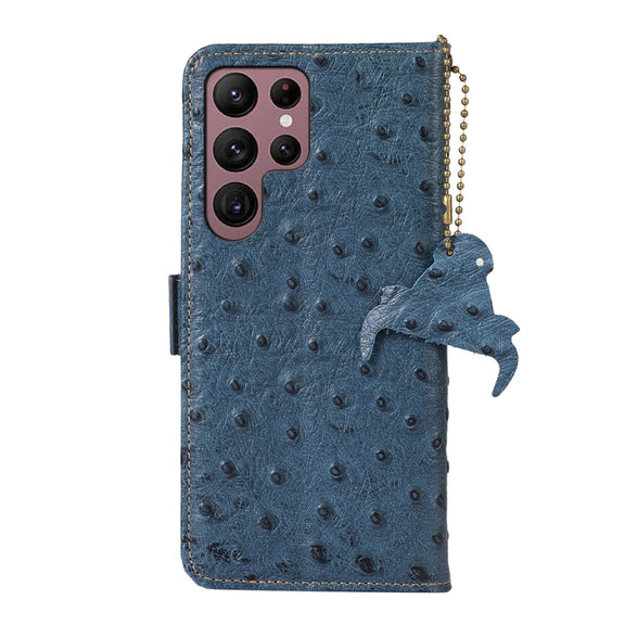 For Samsung Galaxy S24 Ultra Ostrich Pattern Genuine Leather RFID Phone Case(Blue)