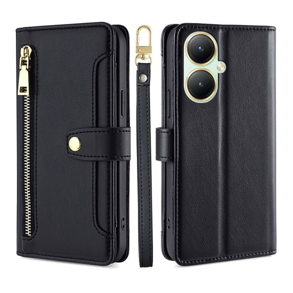 For vivo Y35+ 5G Lite Sheep Texture Cross-body Zipper Wallet Leather Phone Case(Black)