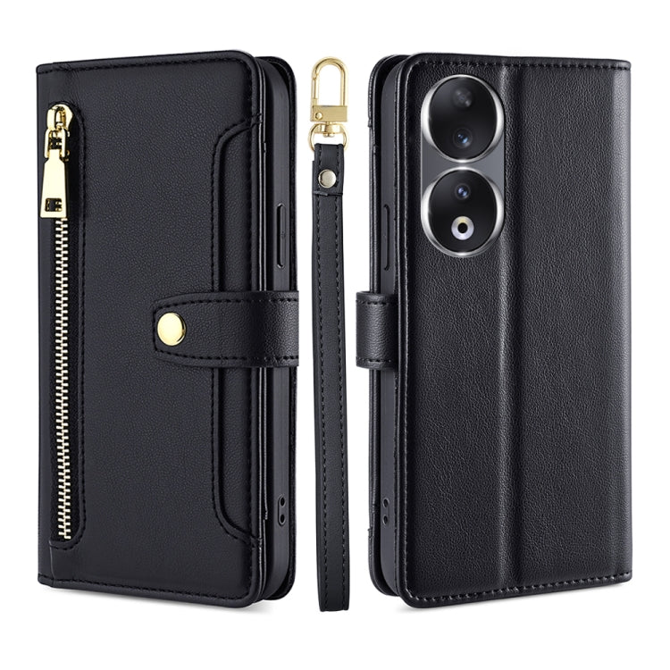 For Honor 90 5G Sheep Texture Cross-body Zipper Wallet Leather Phone Case(Black) - Honor Cases by PMC TechLife | Online Shopping South Africa | PMC TechLife | Buy Now Pay Later Mobicred