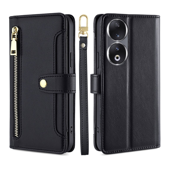 For Honor 90 5G Sheep Texture Cross-body Zipper Wallet Leather Phone Case(Black)