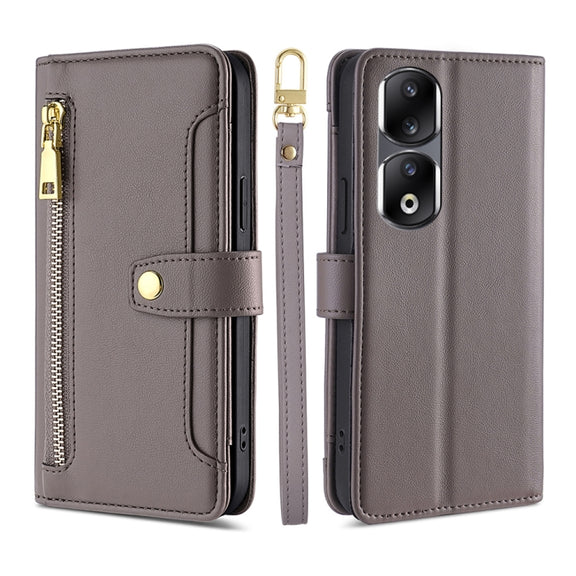 For Honor 90 Pro 5G Sheep Texture Cross-body Zipper Wallet Leather Phone Case(Grey)