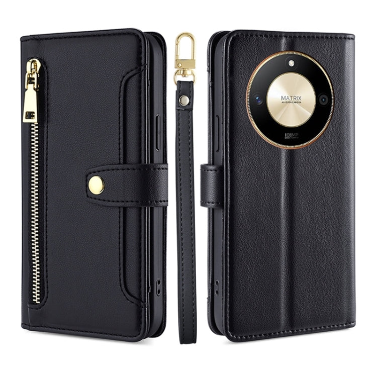 For Honor X50 5G Sheep Texture Cross-body Zipper Wallet Leather Phone Case(Black) - Honor Cases by PMC TechLife | Online Shopping South Africa | PMC TechLife | Buy Now Pay Later Mobicred