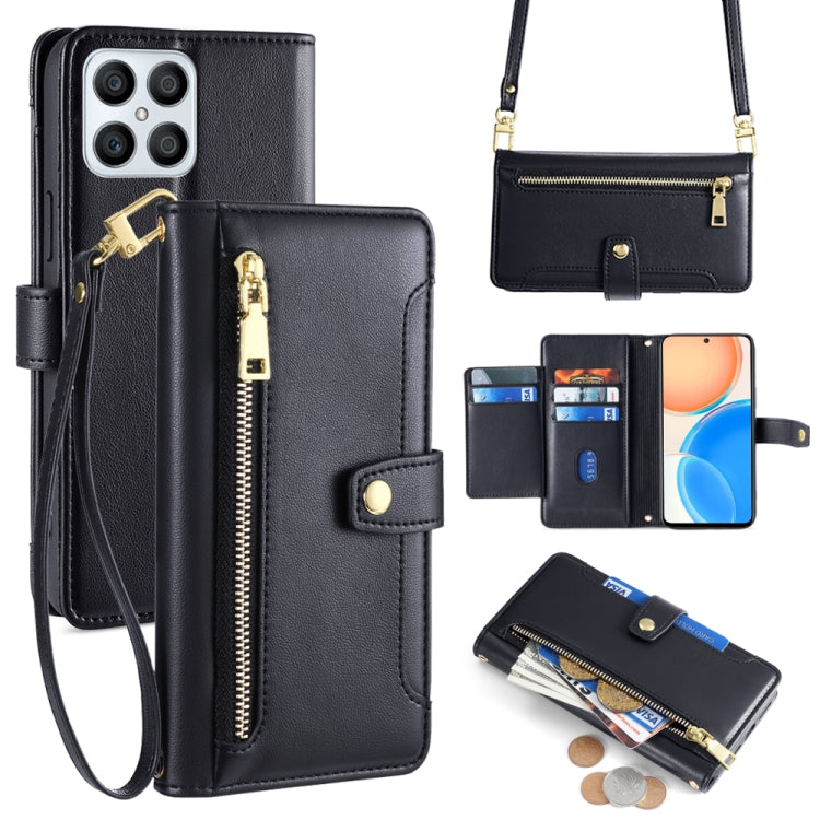 For Honor X8 Sheep Texture Cross-body Zipper Wallet Leather Phone Case(Black) - Honor Cases by PMC TechLife | Online Shopping South Africa | PMC TechLife | Buy Now Pay Later Mobicred