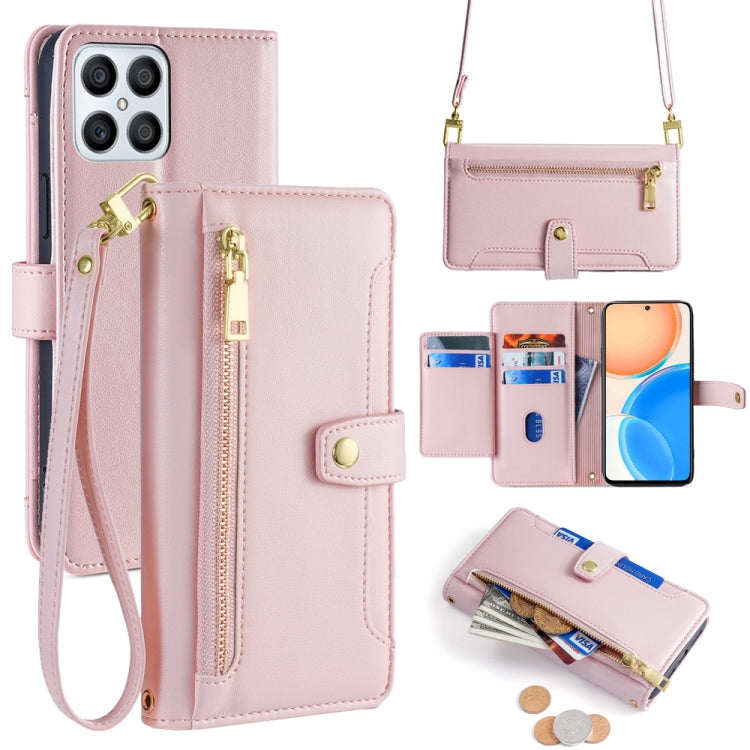 For Honor X8 Sheep Texture Cross-body Zipper Wallet Leather Phone Case(Pink) - Honor Cases by PMC TechLife | Online Shopping South Africa | PMC TechLife | Buy Now Pay Later Mobicred