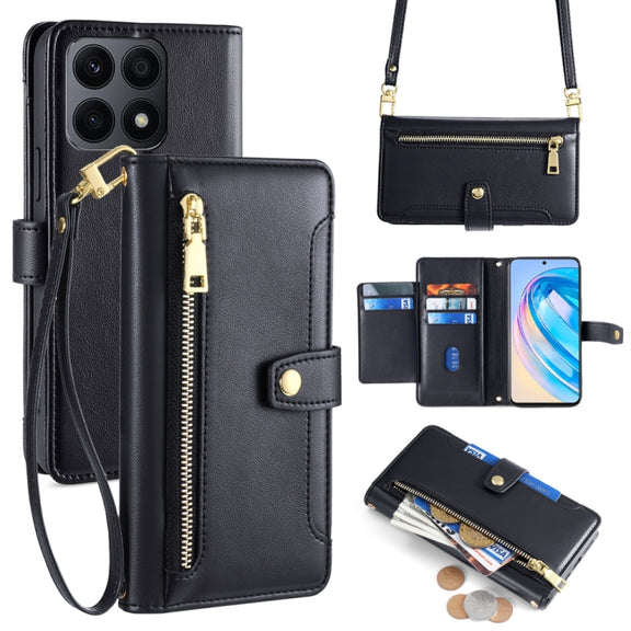 For Honor X8a Sheep Texture Cross-body Zipper Wallet Leather Phone Case(Black)
