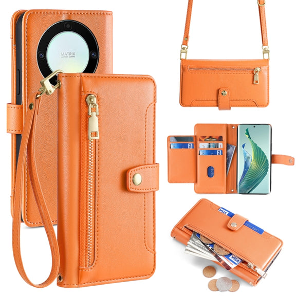 For Honor X9a Sheep Texture Cross-body Zipper Wallet Leather Phone Case(Orange)