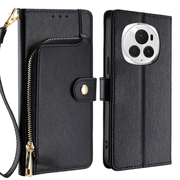 For Honor Magic6 Pro Zipper Bag Leather Phone Case(Black)