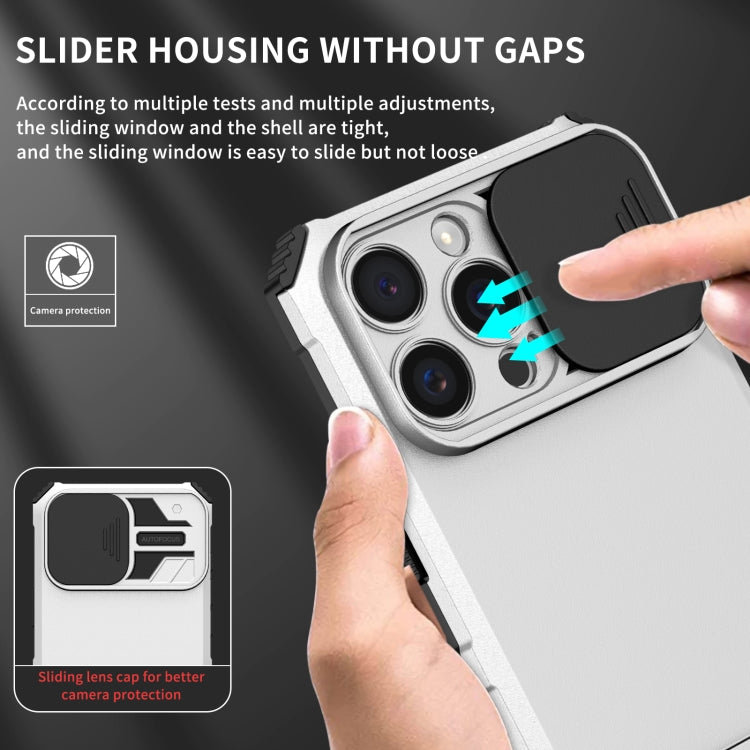 For iPhone 16 Pro Stereoscopic Holder Sliding Camshield Phone Case(White)