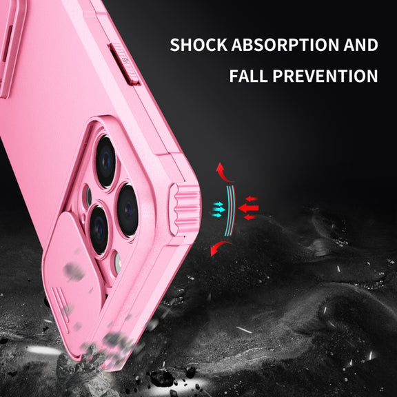 For iPhone 16 Pro Stereoscopic Holder Sliding Camshield Phone Case(Pink)