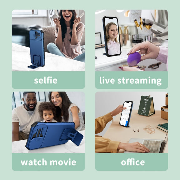 For iPhone 16 Pro Stereoscopic Holder Sliding Camshield Phone Case(Blue)