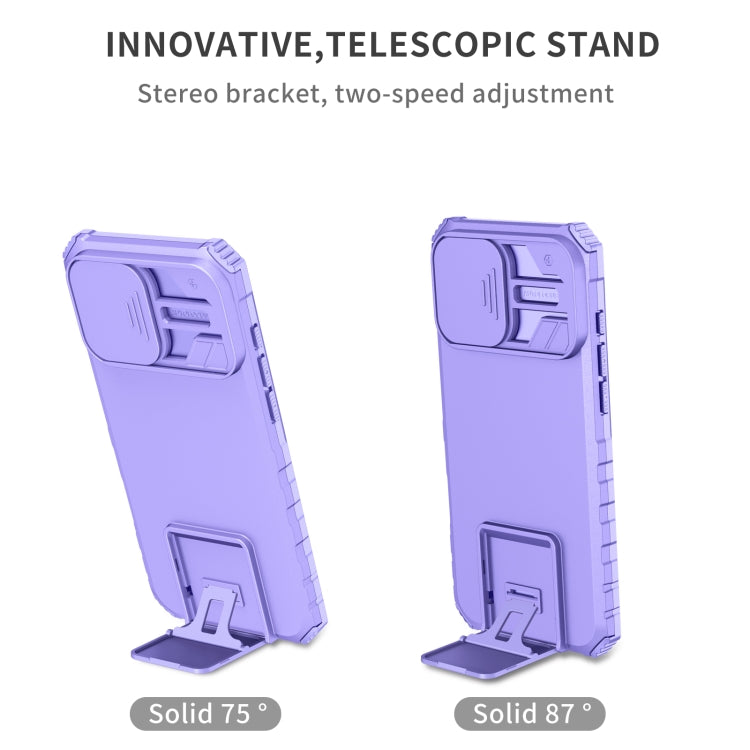 For iPhone 16 Pro Stereoscopic Holder Sliding Camshield Phone Case(Purple)