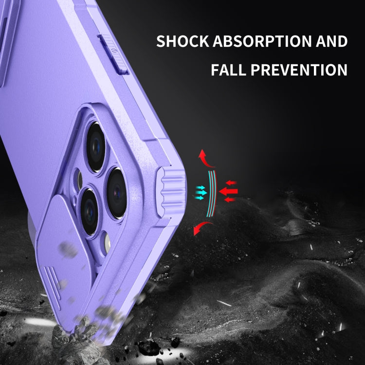 For iPhone 16 Pro Stereoscopic Holder Sliding Camshield Phone Case(Purple)