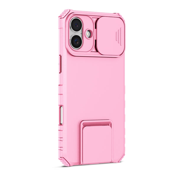 For iPhone 16 Plus Stereoscopic Holder Sliding Camshield Phone Case(Pink)