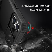 For iPhone 16 Plus Stereoscopic Holder Sliding Camshield Phone Case(Black)