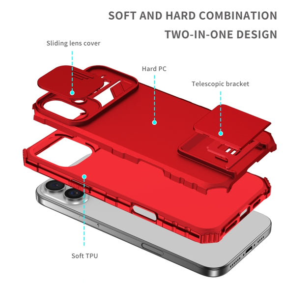 For iPhone 16 Plus Stereoscopic Holder Sliding Camshield Phone Case(Red)