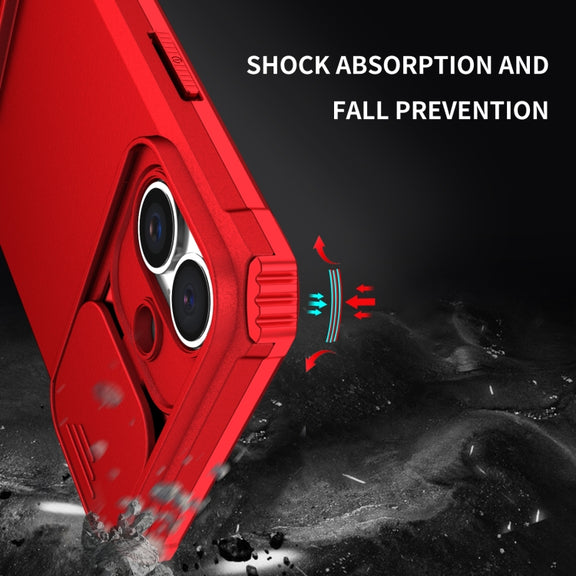 For iPhone 16 Plus Stereoscopic Holder Sliding Camshield Phone Case(Red)