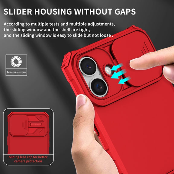 For iPhone 16 Plus Stereoscopic Holder Sliding Camshield Phone Case(Red)