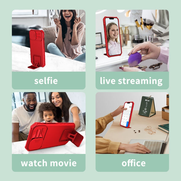 For iPhone 16 Plus Stereoscopic Holder Sliding Camshield Phone Case(Red)