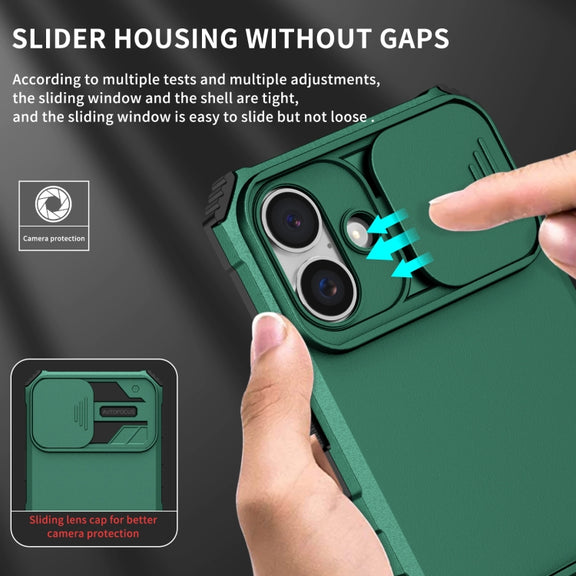 For iPhone 16 Plus Stereoscopic Holder Sliding Camshield Phone Case(Green)