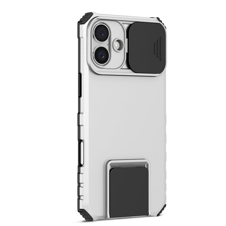 For iPhone 16 Stereoscopic Holder Sliding Camshield Phone Case(White)