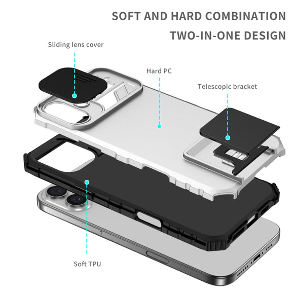 For iPhone 16 Stereoscopic Holder Sliding Camshield Phone Case(White)