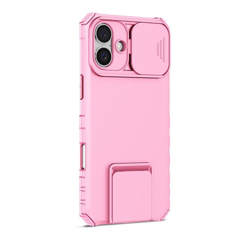 For iPhone 16 Stereoscopic Holder Sliding Camshield Phone Case(Pink)