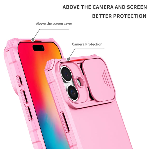 For iPhone 16 Stereoscopic Holder Sliding Camshield Phone Case(Pink)