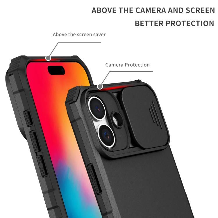 For iPhone 16 Stereoscopic Holder Sliding Camshield Phone Case(Black)