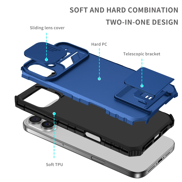 For iPhone 16 Stereoscopic Holder Sliding Camshield Phone Case(Blue) - iPhone 16 Cases by PMC TechLife | Online Shopping South Africa | PMC TechLife | Buy Now Pay Later Mobicred