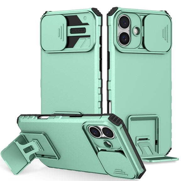 For iPhone 16 Stereoscopic Holder Sliding Camshield Phone Case(Light Blue)