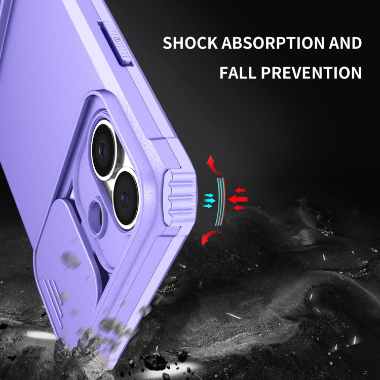 For iPhone 16 Stereoscopic Holder Sliding Camshield Phone Case(Purple) - free shipping - PMC TechLife - Order now!