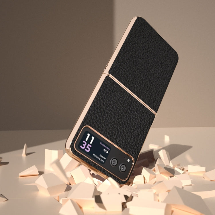 For Motorola Razr 40 Nano Electroplating Genuine Leather Litchi Texture Phone Case(Black) - Motorola Cases by PMC TechLife | Online Shopping South Africa | PMC TechLife | Buy Now Pay Later Mobicred