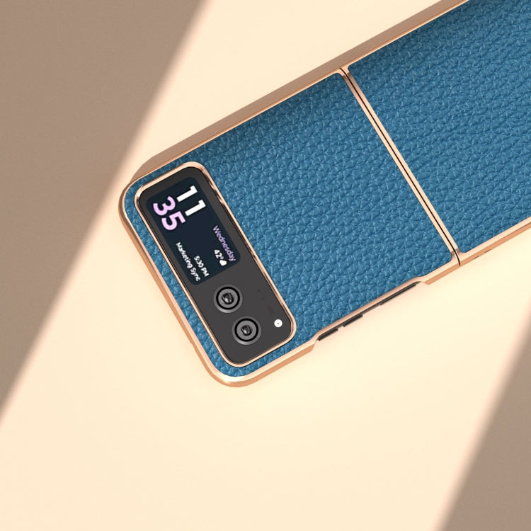 For Motorola Razr 40 Nano Electroplating Genuine Leather Litchi Texture Phone Case(Blue) - Motorola Cases by PMC TechLife | Online Shopping South Africa | PMC TechLife | Buy Now Pay Later Mobicred