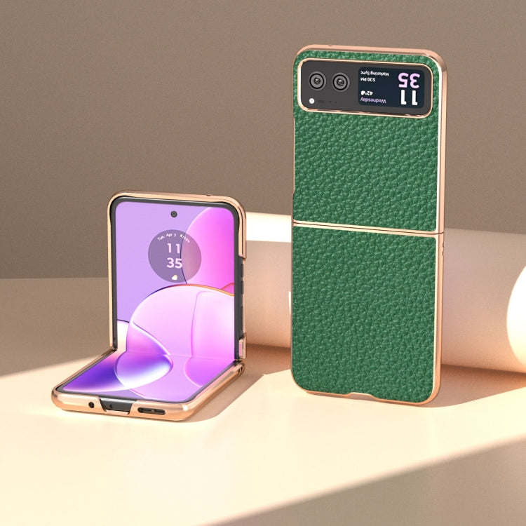 For Motorola Razr 40 Nano Electroplating Genuine Leather Litchi Texture Phone Case(Green)
