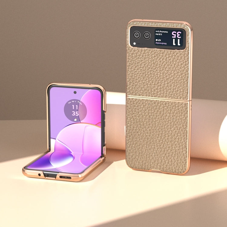 For Motorola Razr 40 Nano Electroplating Genuine Leather Litchi Texture Phone Case(Grey) - Motorola Cases by PMC TechLife | Online Shopping South Africa | PMC TechLife | Buy Now Pay Later Mobicred