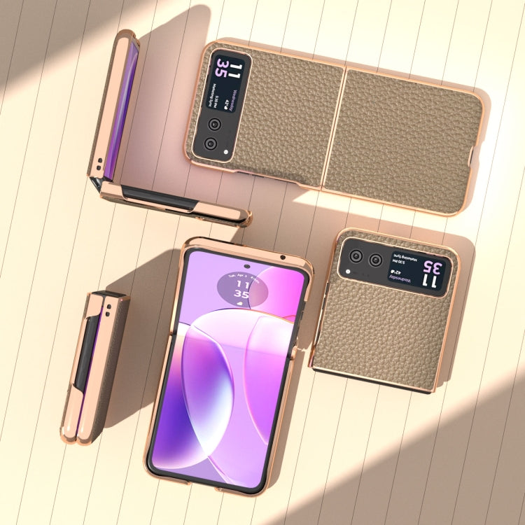 For Motorola Razr 40 Nano Electroplating Genuine Leather Litchi Texture Phone Case(Grey) - Motorola Cases by PMC TechLife | Online Shopping South Africa | PMC TechLife | Buy Now Pay Later Mobicred