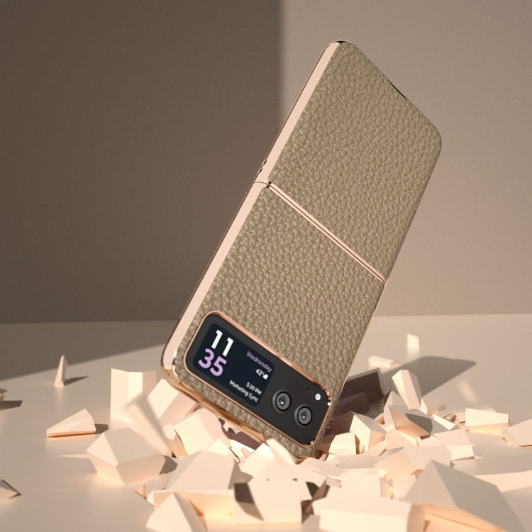 For Motorola Razr 40 Nano Electroplating Genuine Leather Litchi Texture Phone Case(Grey) - Motorola Cases by PMC TechLife | Online Shopping South Africa | PMC TechLife | Buy Now Pay Later Mobicred