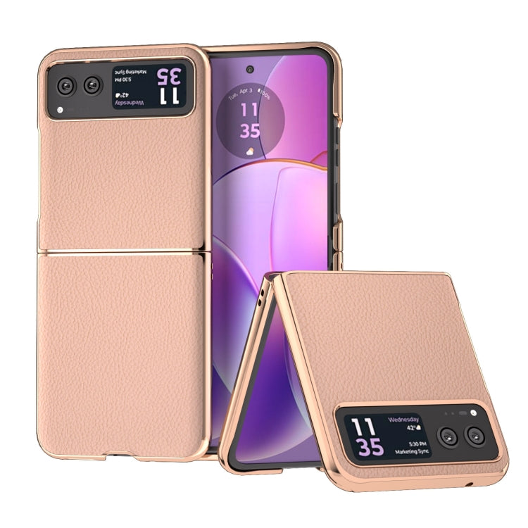 For Motorola Razr 40 Nano Electroplating Genuine Leather + PC Litchi Texture Phone Case(Pink Gold) - Motorola Cases by PMC TechLife | Online Shopping South Africa | PMC TechLife | Buy Now Pay Later Mobicred