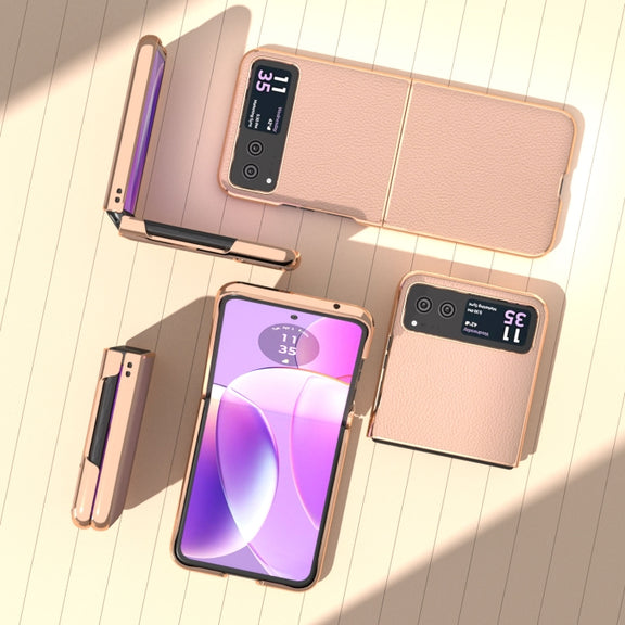 For Motorola Razr 40 Nano Electroplating Genuine Leather + PC Litchi Texture Phone Case(Pink Gold)