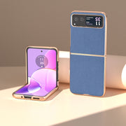 For Motorola Razr 40 Nano Electroplating Genuine Leather + PC Litchi Texture Phone Case(Blue)