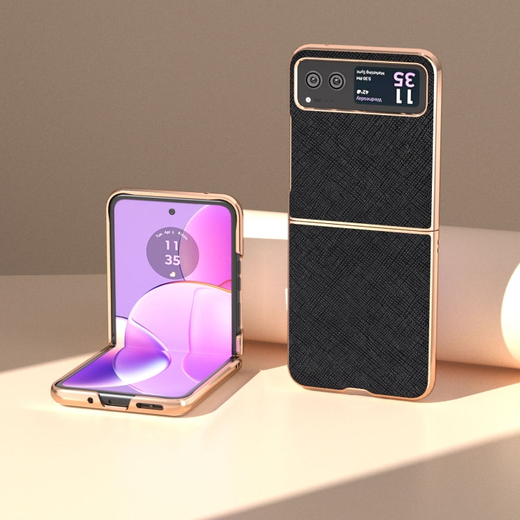 For Motorola Razr 40 Nano Electroplating Cross Texture Genuine Leather Phone Case(Black) - Motorola Cases by PMC TechLife | Online Shopping South Africa | PMC TechLife | Buy Now Pay Later Mobicred