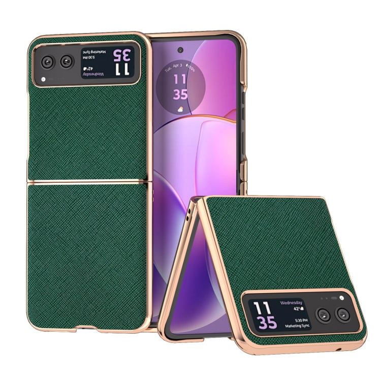 For Motorola Razr 40 Nano Electroplating Cross Texture Genuine Leather Phone Case(Green) - Motorola Cases by PMC TechLife | Online Shopping South Africa | PMC TechLife | Buy Now Pay Later Mobicred
