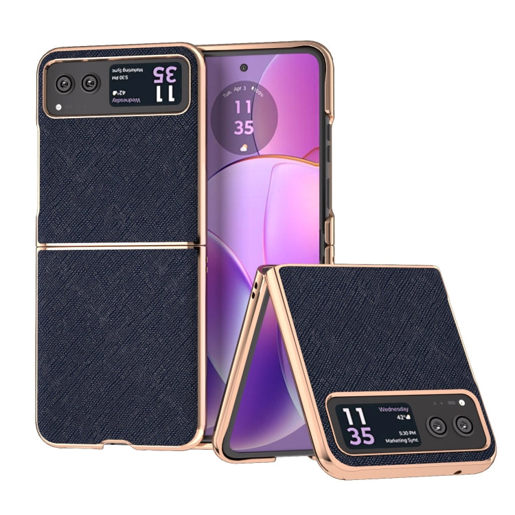 For Motorola Razr 40 Nano Electroplating Cross Texture Genuine Leather Phone Case(Blue) - Motorola Cases by PMC TechLife | Online Shopping South Africa | PMC TechLife | Buy Now Pay Later Mobicred