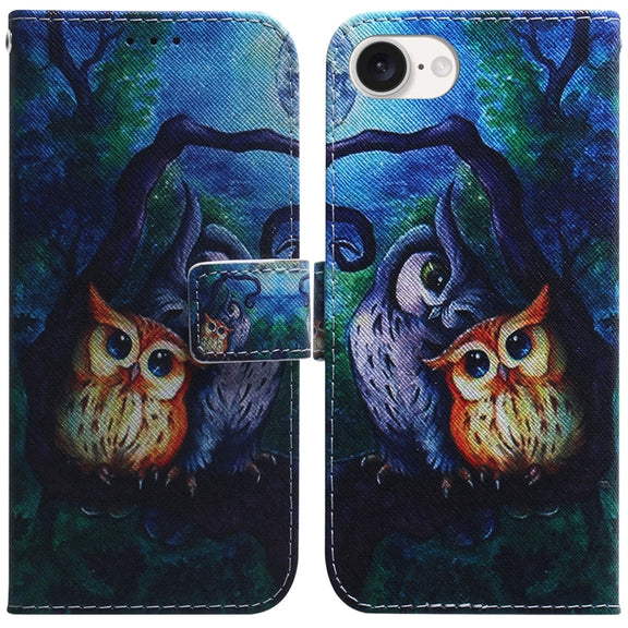 For iPhone 16e Coloured Drawing Flip Leather Phone Case(Oil Painting Owl)