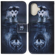 For iPhone 16 Coloured Drawing Flip Leather Phone Case(Wolf and Dog)